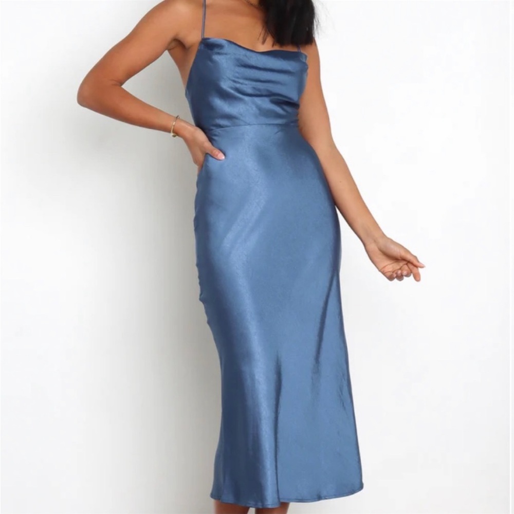 Petal and Pup Steel Blue long Dress. Tie Back Size 6 NWOT.